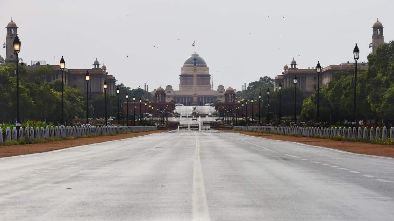 NEW DELHI, INDIA - MARCH 24: Deserted view of Vijay Chowk during the second day of lockdown imposed by the state government to curb the spread of coronavirus on March 24, 2020 in New Delhi, India. (Photo by Vipin Kumar/Hindustan Times/Sipa USA)