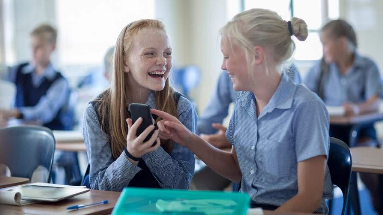 Two happy schoolgirls in classroom with cell phone