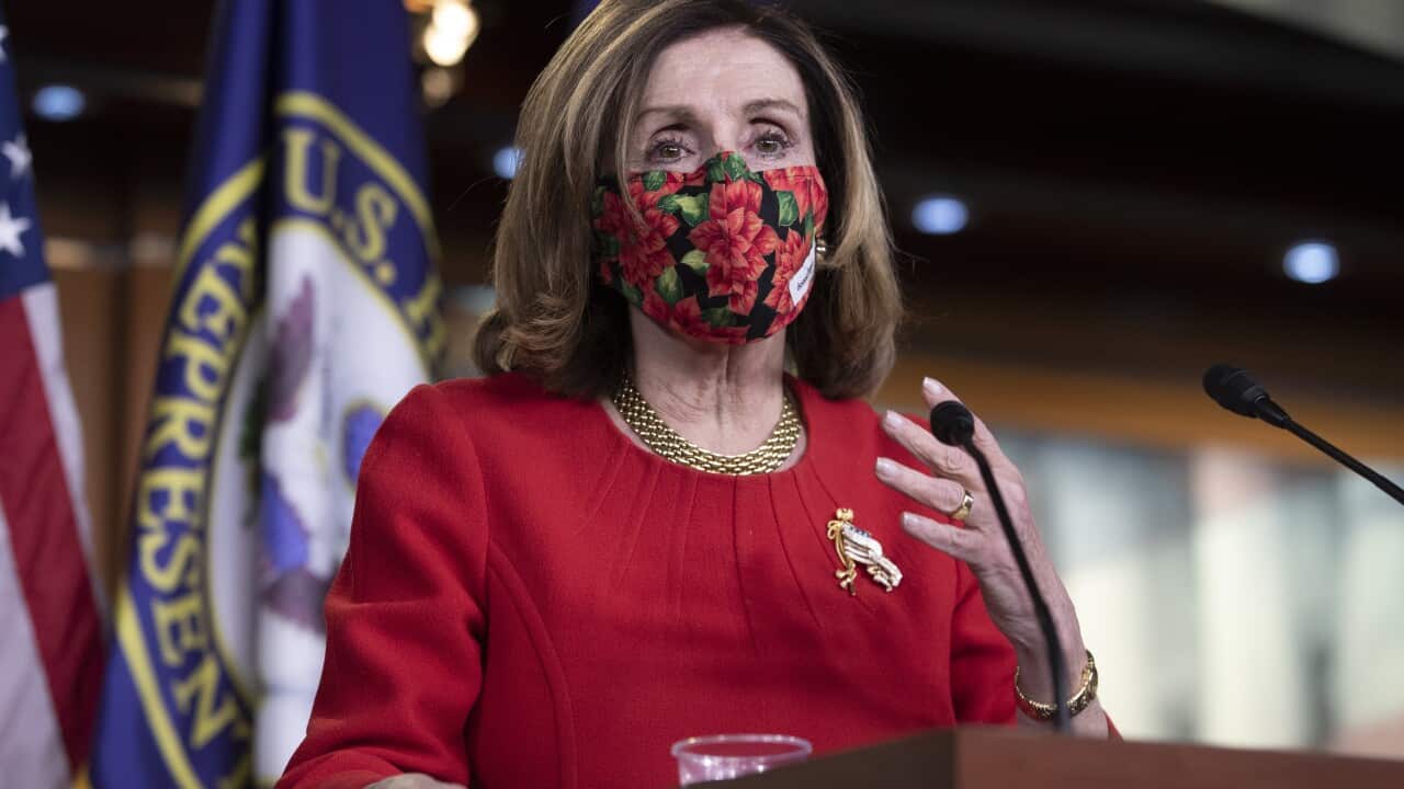 US Speaker of the House Nancy Pelosi at a news conference on Capitol Hill in Washington, DC, USA, 20 December 2020.