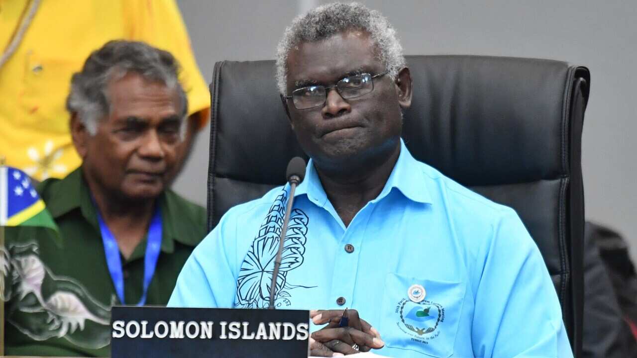 Solomon Islands Prime Minister Manasseh Sogavare at the Pacific Islands Forum Formal Session Opening Statements in Funafuti, Tuvalu, Wednesday, August 14, 2019. (AAP Image/Mick Tsikas) NO ARCHIVING