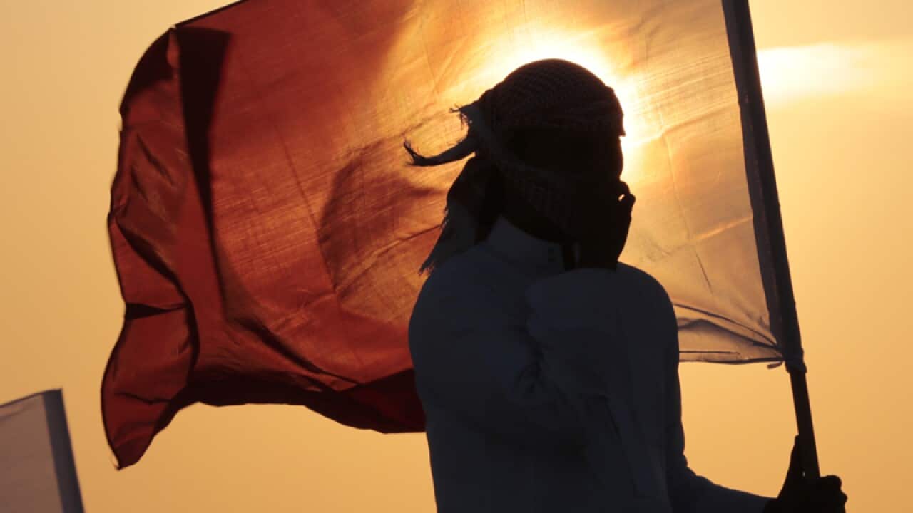 A Bahraini reveller waves Bahraini flag