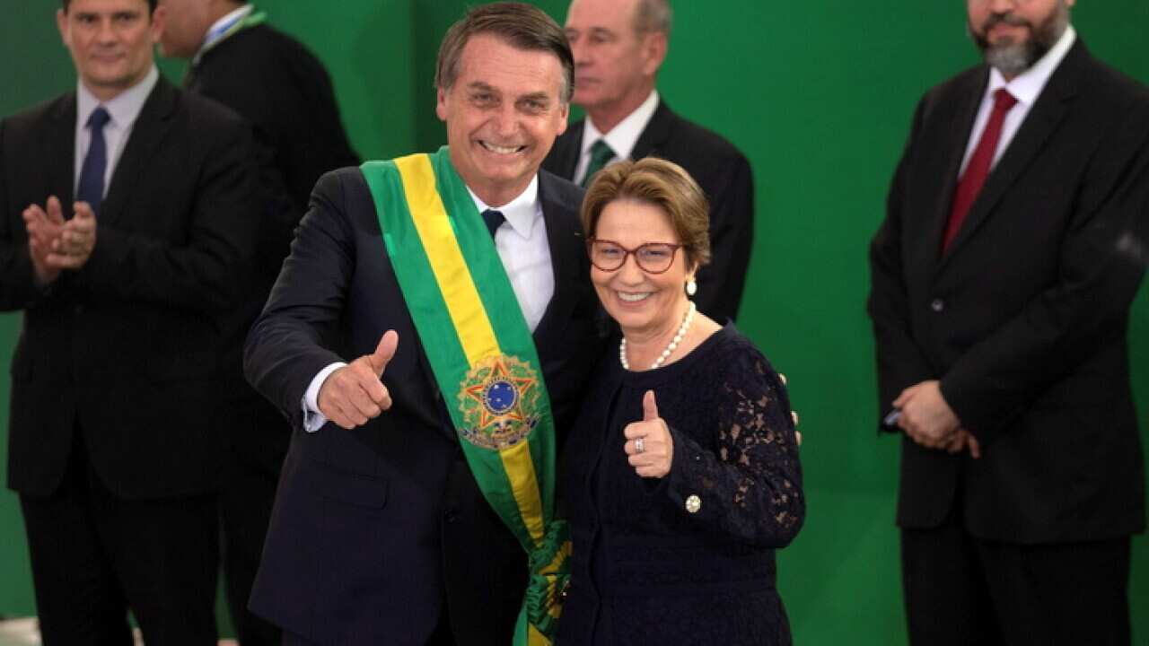 Newly inaugurated President of Brazil Jair Bolsonaro welcomes new Minister of Agriculture Tereza Cristina