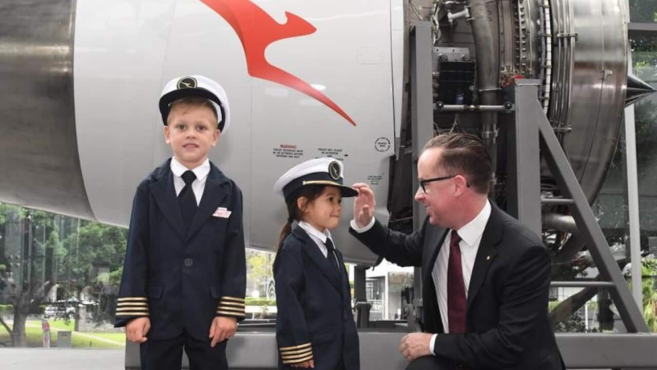 Qantas QEO with 6yo Jack and 4yo Lana dressed as pilots
