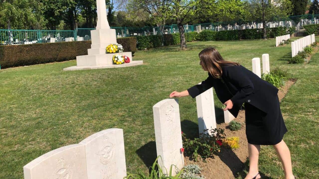Australian ambassador in Serbia Ruth Stewart lays a wreath in Belgrade.