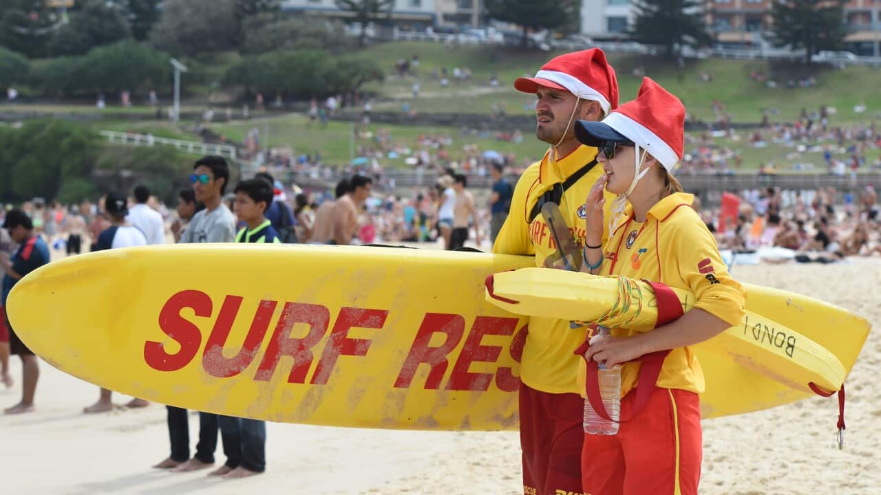 Surf Life Savers monitor swimmers and conditions at Bondi Beach in Sydney