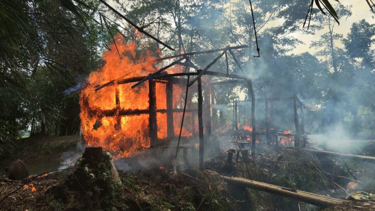 Houses are on fire in Gawdu Zara village, northern Rakhine state