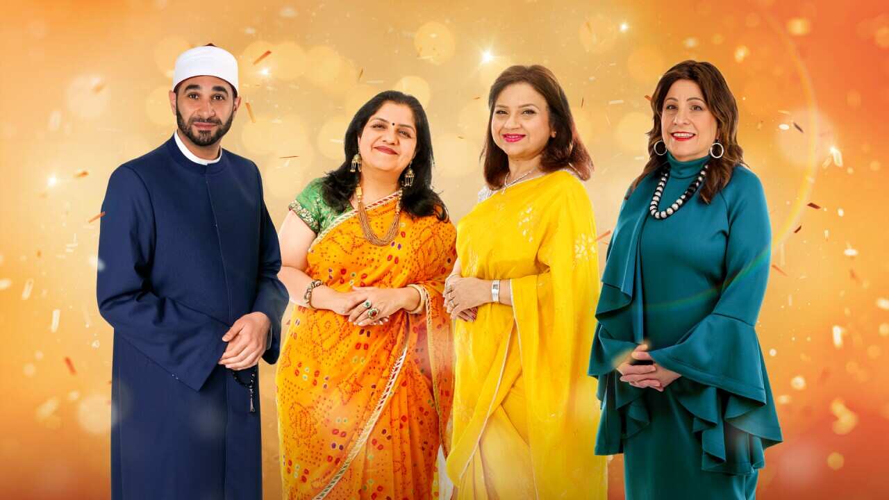 A composite image with a vibrant orange background shows a man and three women, also in yellow and blue tones. They are all smiling.