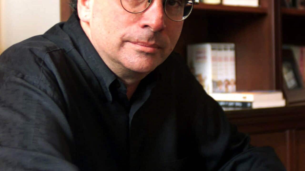 R.L. Stine, author of the "Goosebumps" children's books series, in his New York apartment Aug. 25, 2000. (AP Photo/Ed Bailey)