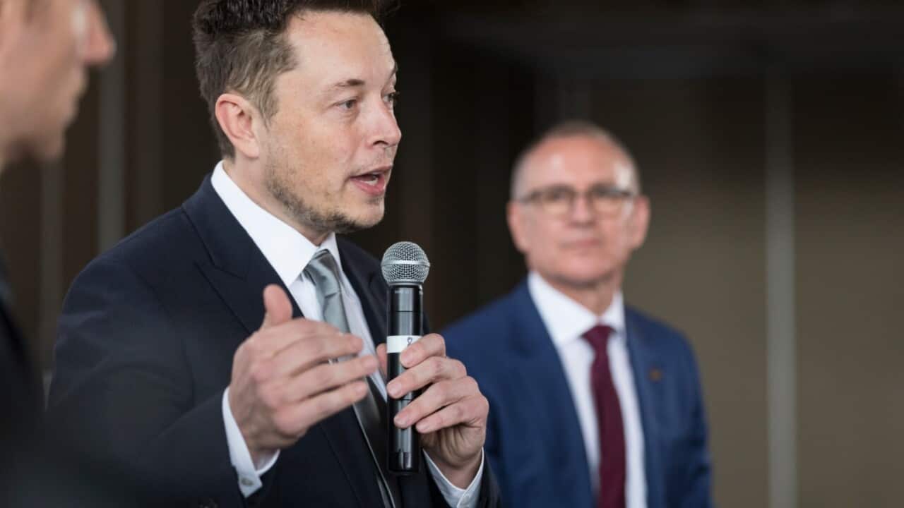 Tesla CEO Elon Musk (centre) and SA Premier Jay Weatherill (right) at Adelaide Oval, Adelaide, Friday, July 07, 2017.