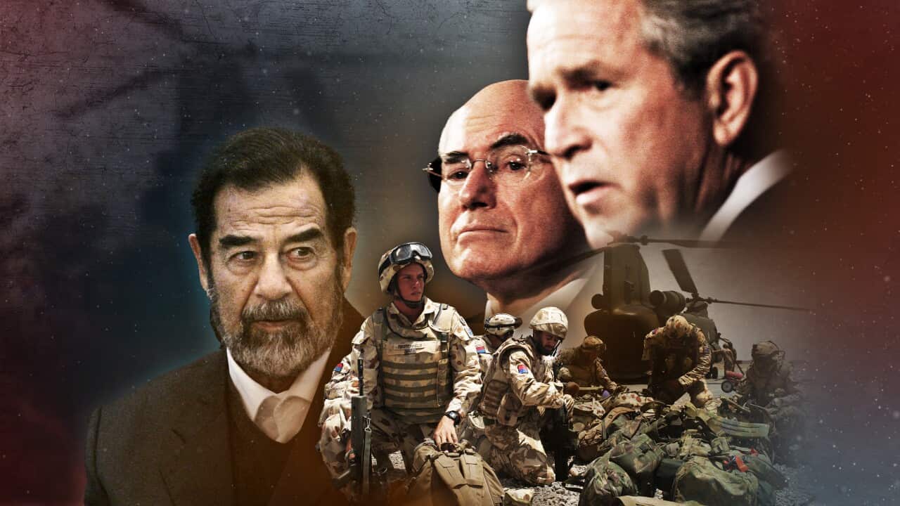 Photographic composite of (left to right) Saddam Hussein, John Howard and George W. Bush and an image of soldiers.