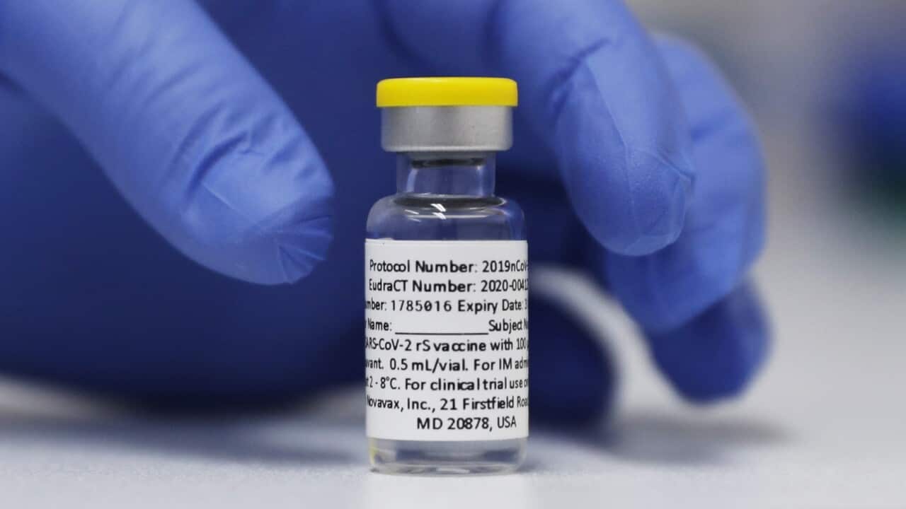 A vial of the Phase 3 Novavax coronavirus vaccine