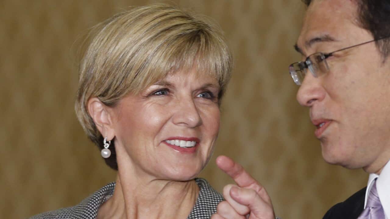 Foreign Minister Julie Bishop (L), Japanese counterpart Fumio Kishida
