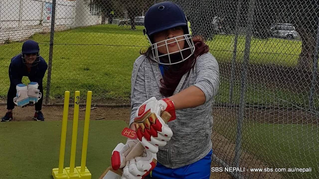 Player from Himalayan Women's Cricket team practicing in Melbourne.