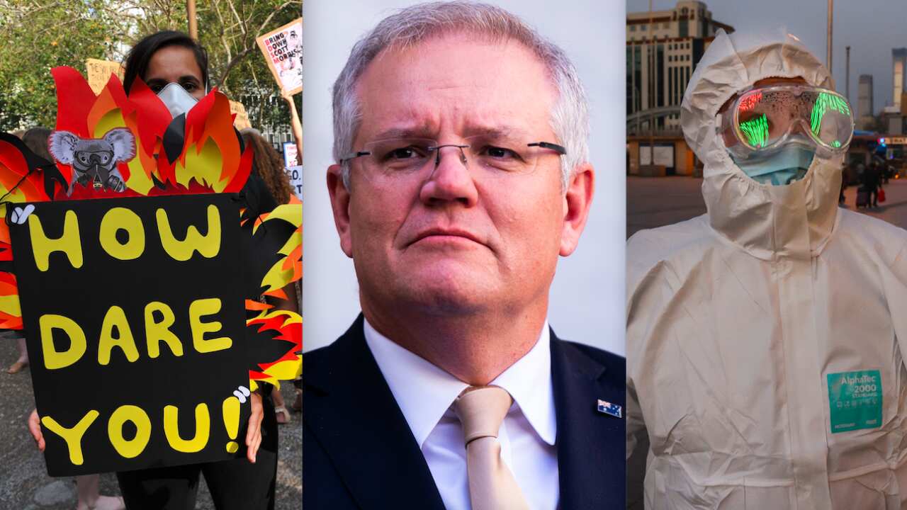 A climate protester, Scott Morrison, and a person protecting themselves from COVID-19.