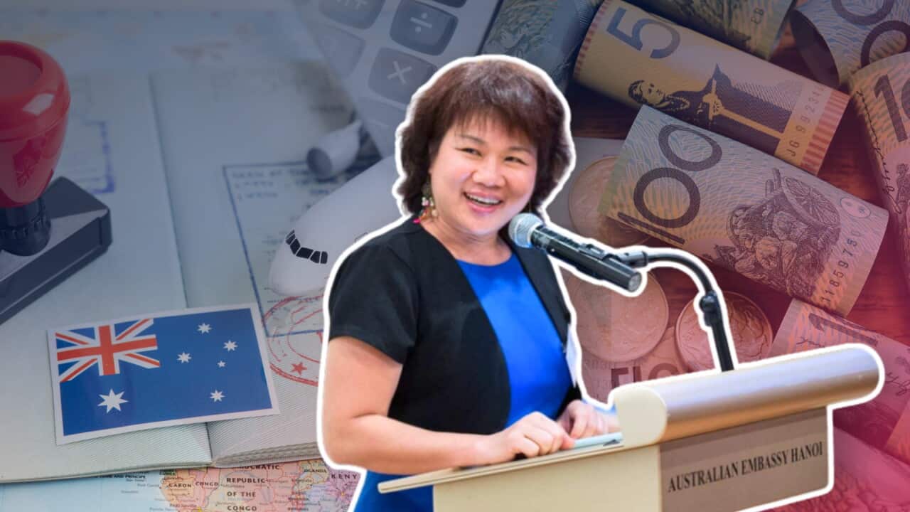 Thạc sỹ Lù Thị Hồng Nhâm chia sẻ với SBS Tiếng Việt về nhu cầu du học Úc tại Việt Nam sau một loạt những sự thay đổi về lệ phí đáng chú ý. Nguồn hình: Internet / Canva / Graphic by Phương Linh