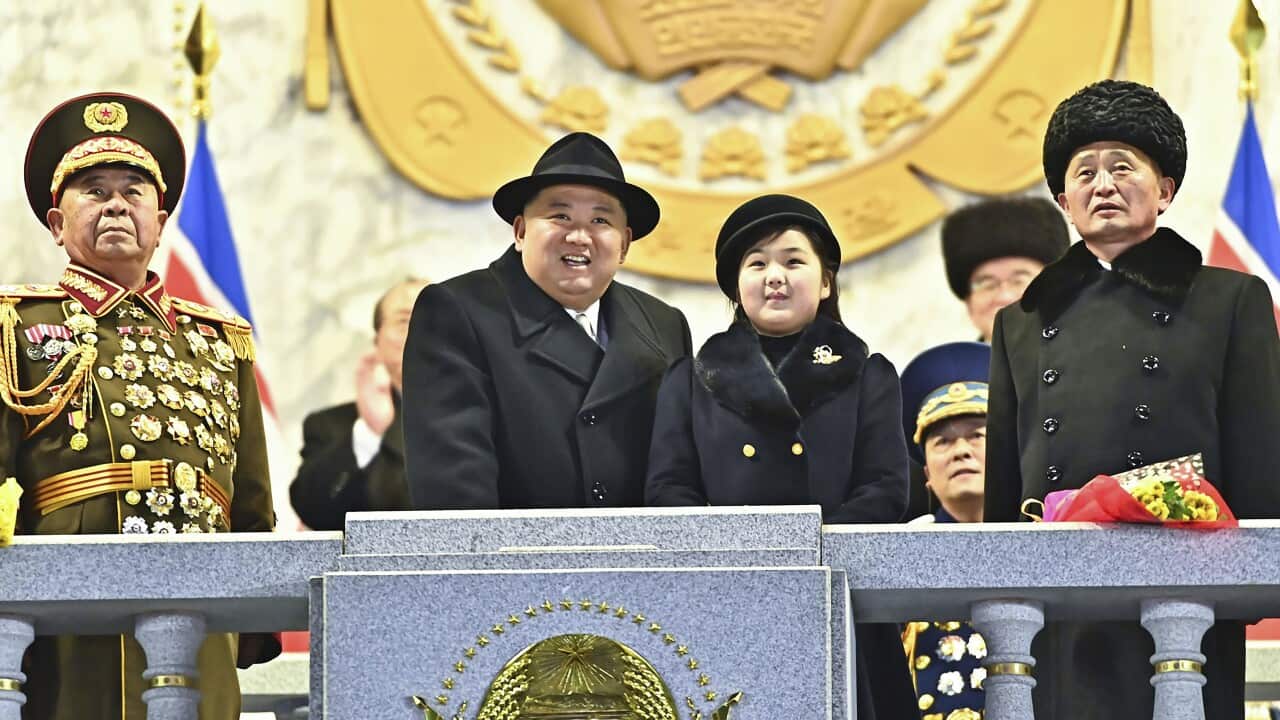North Korean leader Kim Jong-un attends a military parade with his daughter Kim Ju-ae to mark the 75th founding anniversary of the Korean People’s Army in Pyongyang, North Korea, in a photo provided by North Korean government on 8 February 2023.