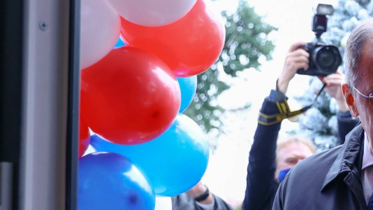 Russias Minister Sergei Lavrov cuts the ribbon at the inauguration of the embassy of the Russian Federation during a working visit to Croatia.
