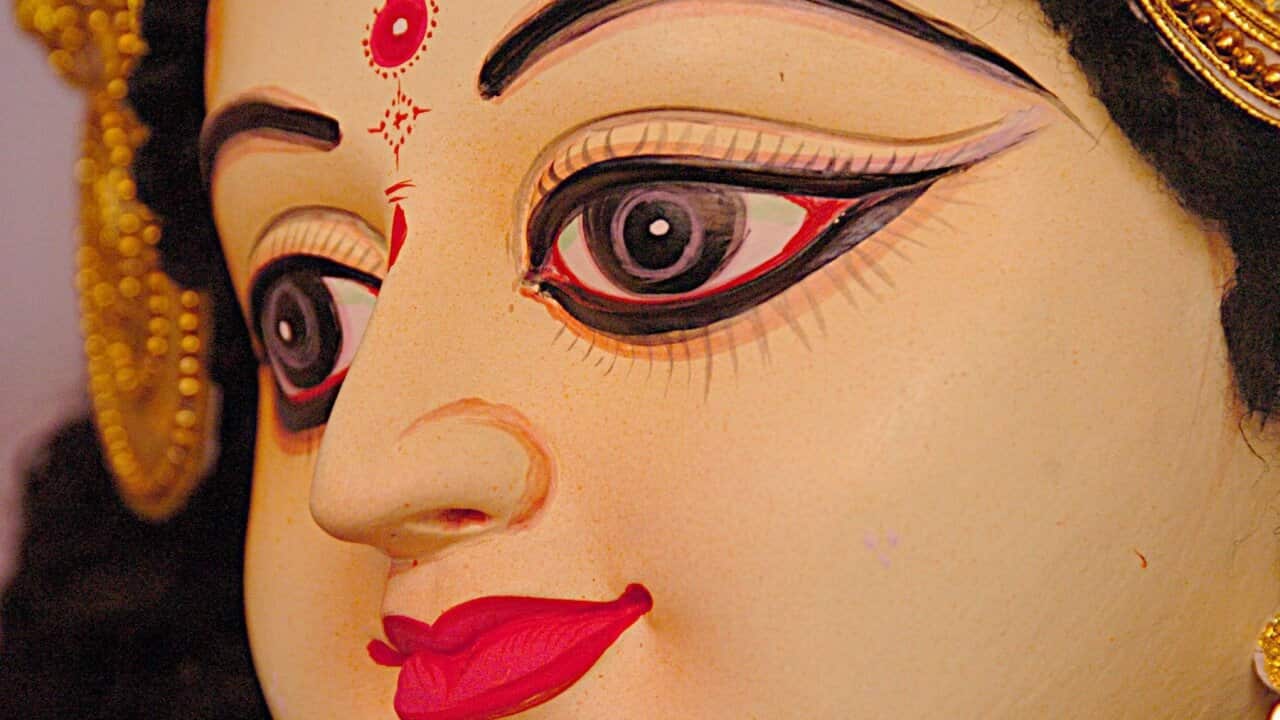 A portait of the Goddes Durga at Ramna Kali Mandir in Dhaka, Monday, 18 October 2004. Durga Puja, the largest Hindu religious festival, begins Tuesday 19 October 2004, across the country. EPA/Mufty Munir