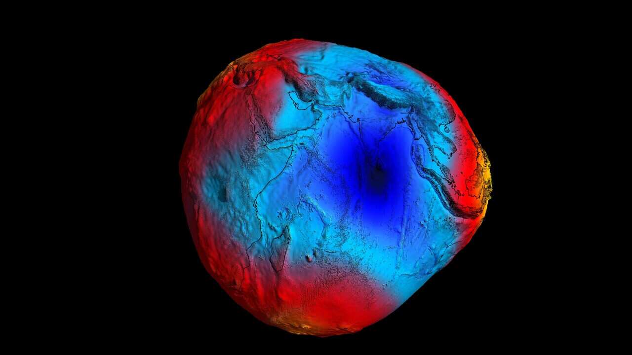 An image of the planet Earth with the Indian Ocean gravity hole coloured in dark blue