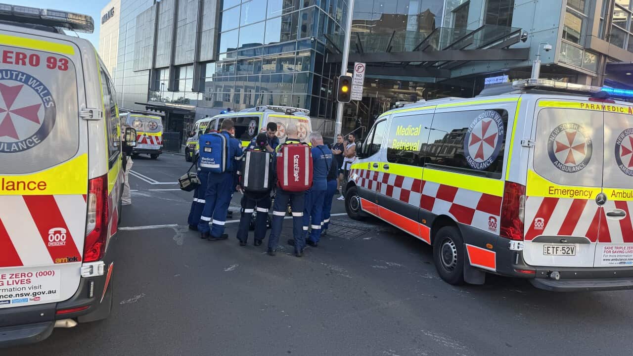 Emergency workers outside Westfields Bondi Junction after a critical incident with multiple casualties Photo Domenico Gentile SBS Italian .jpeg