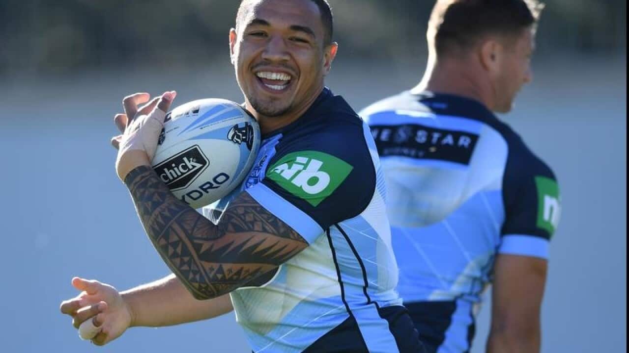 Tyson Frizell of the NSW Blues laughs during a team training.