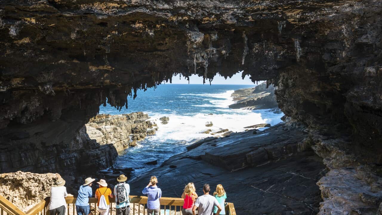 A group of people standing at a lookout at Admirals Arch, Flinders Chase National Park, Kangaroo Island