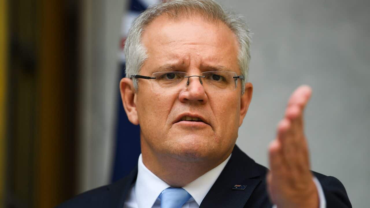 Prime Minister Scott Morrison speaks to the media during a press conference in Canberra.