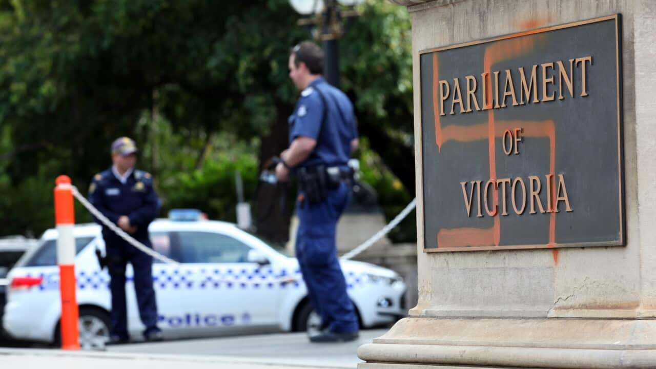 Nazi style graffiti sprayed on the front of the Victorian State Parliament overnight.