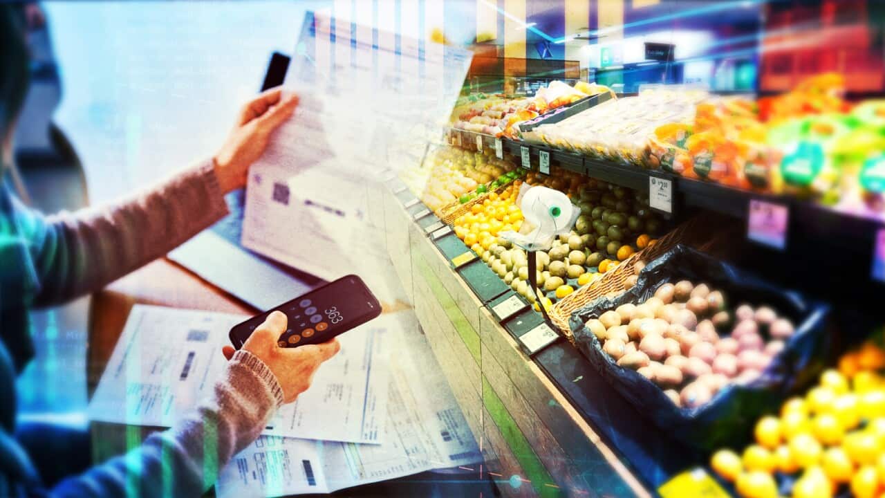 A hand with a calculator and another holding a bill to the left side of the image. On the right, supermarket shelves with fresh produce.
