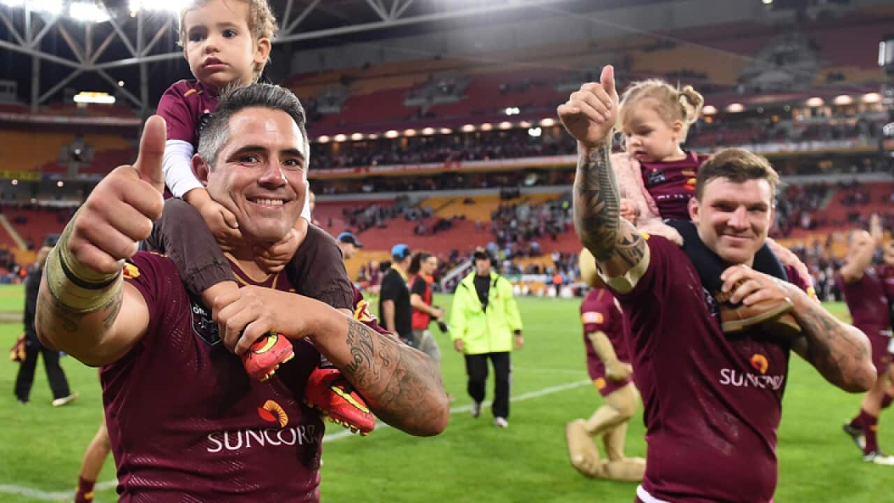 Brisbane Broncos players Corey Parker (L) and John McGuire