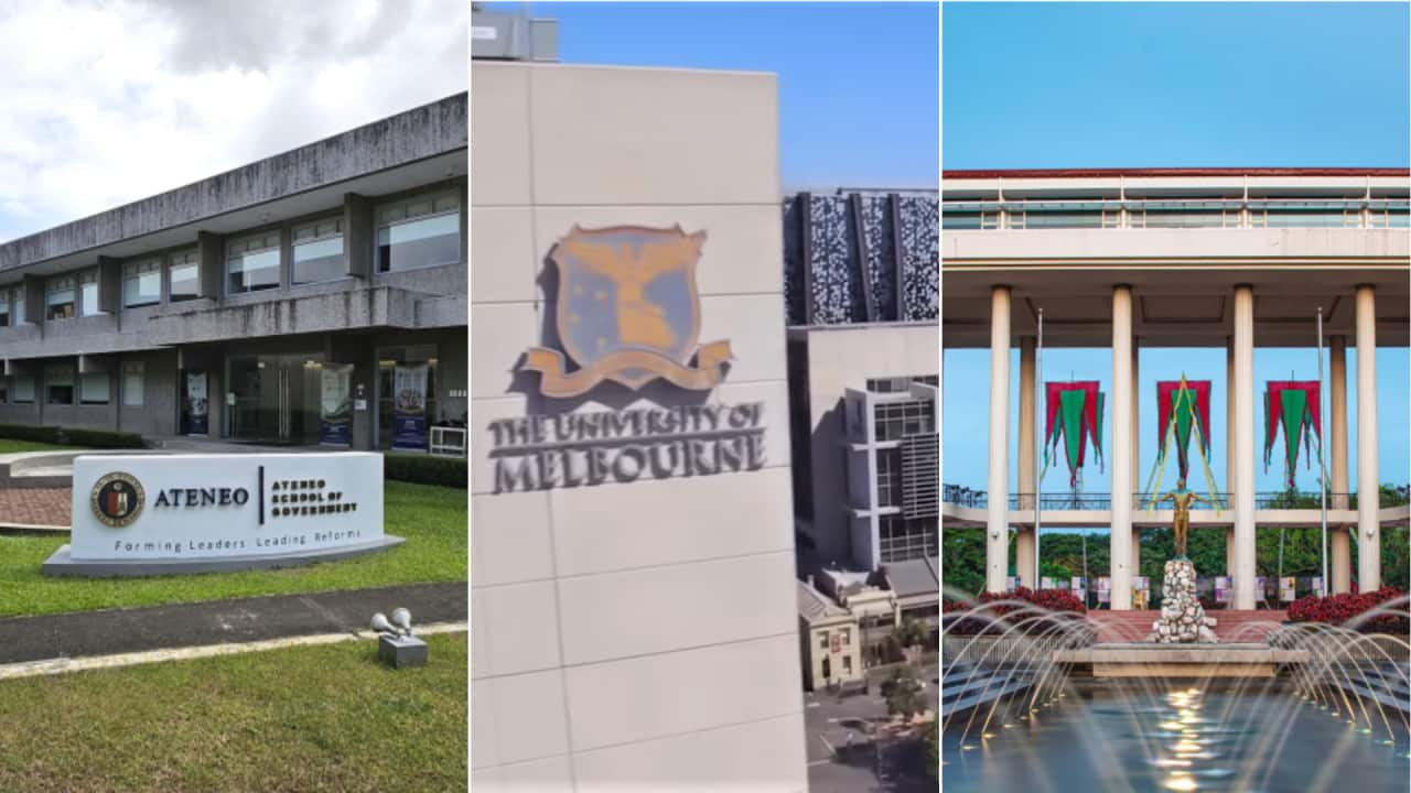 2026 World University Rankings: Ateneo de Manila (left) and the University of the Philippines (right) remain the top two in the Philippines, while the University of Melbourne (centre) leads Australia at 37th globally, with a dozen other Australian universities also in the top 500.