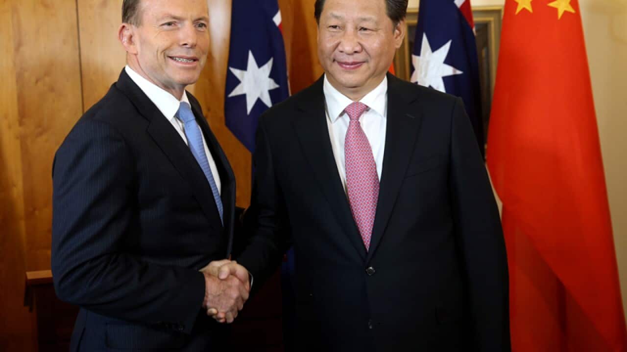 Chinese President Xi Jinping (R) and Prime Minister Tony Abbott
