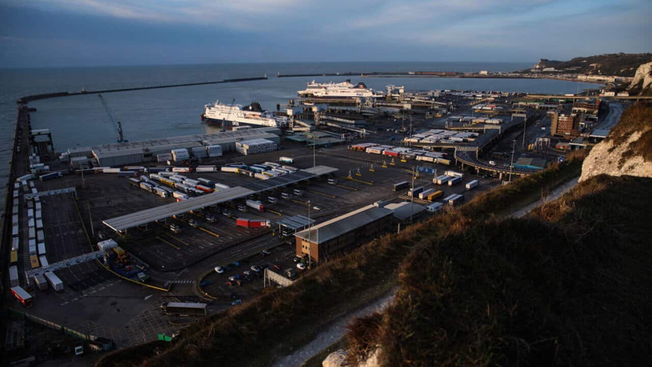 A ferry arriving at the Port of Dover’s Eastern Docks in England.