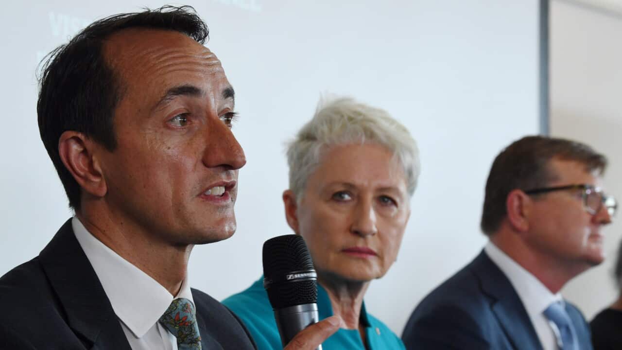 Candidates for the Wentworth by-election (lt-rt) Dave Sharma (Liberal Party), Dr. Kerry's Phelps (Independent) and Tim Murray (Labor Party) during a community forum at the Bondi Surf Bathers Lifesavers Club in Sydney, Monday, October, 15, 2018.