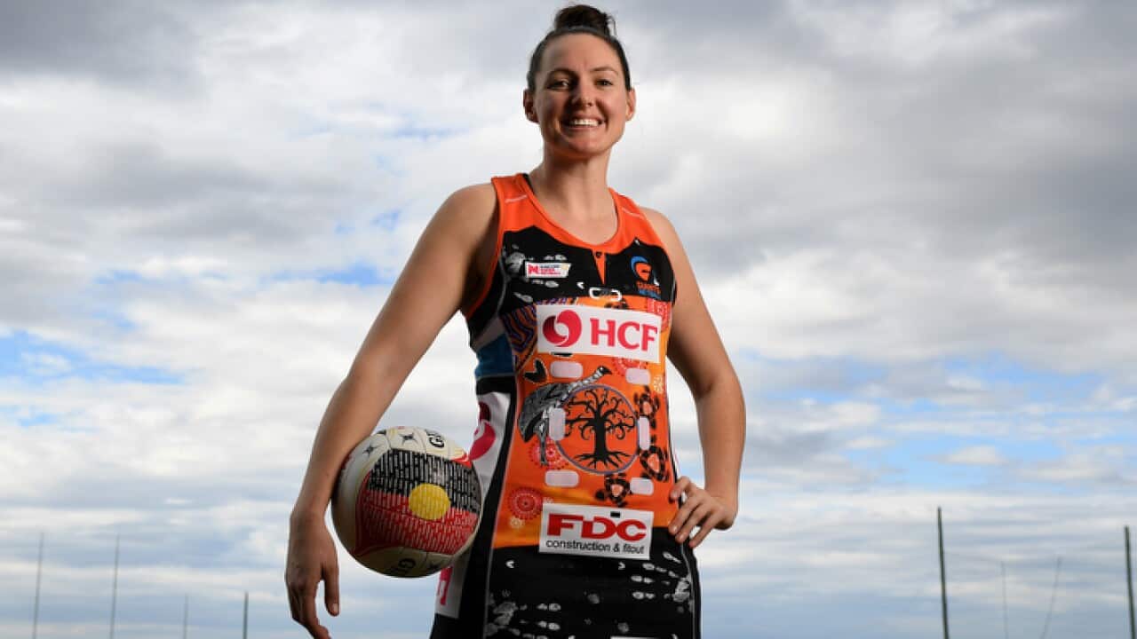 GWS Giants netball player Sam Poolman in the team's Indigenous uniform