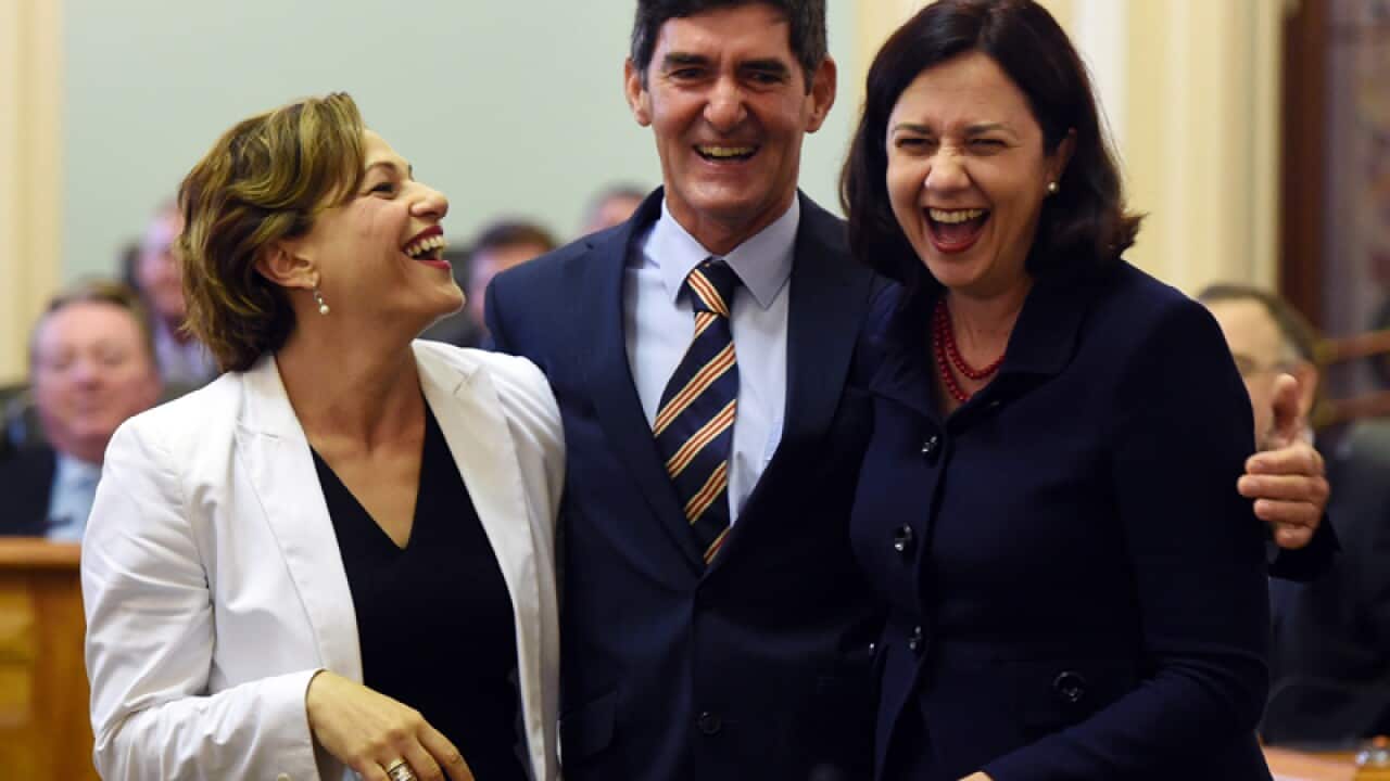 QLD Premier Annastacia Palaszczuk (R)Jackie Trad, Peter Wellington (C)