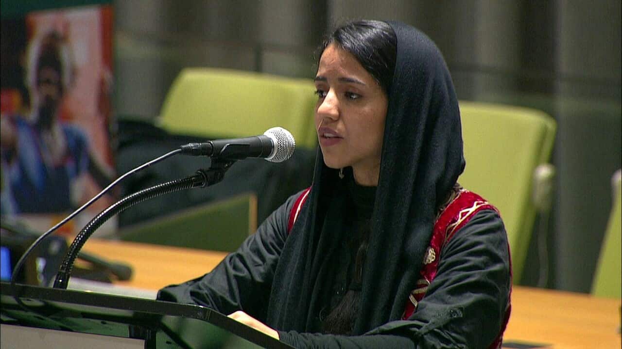 Afghan rapper Sonita Alizadeh speaks at the 'Drive for Five' launch