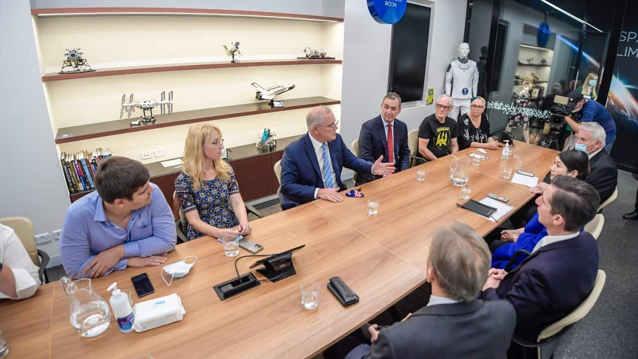 Prime Minister Scott Morrison, SA Premier Stephen Marshall and Acting Federal Foreign Affairs Minister Simon Birmingham meet with Ukraine community leaders in Adelaide, Friday, February 25, 2022.