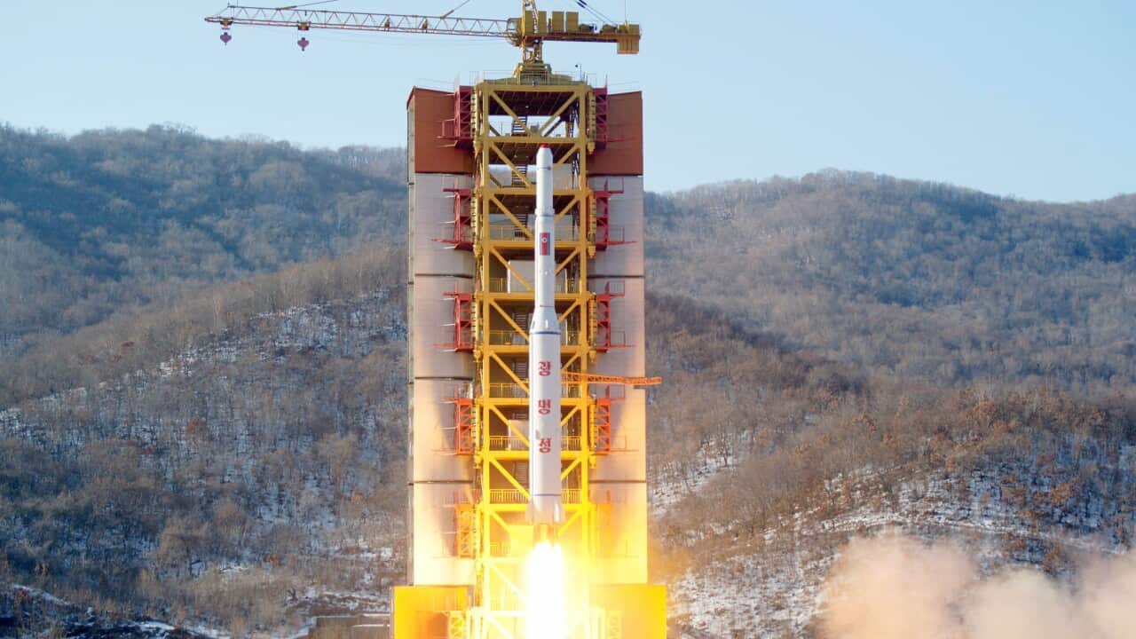 A long-range rocket is launched from Tongchang-ri in North Korea's northwestern coast on Feb. 7, 2016, a move widely viewed as a pretext for a ballistic missile test. (Kyodo)==Kyodo