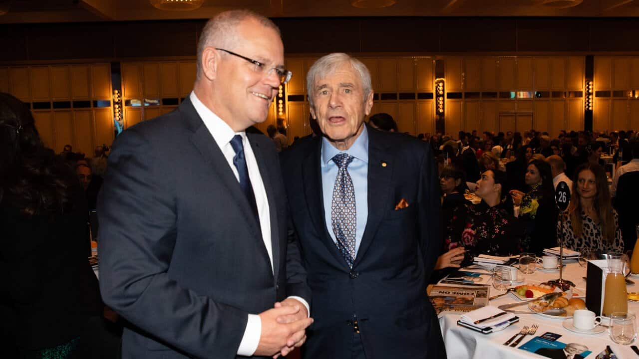 Prime Minister Scott Morrison (left) talks with Seven West Media chairman Kerry Stokes.