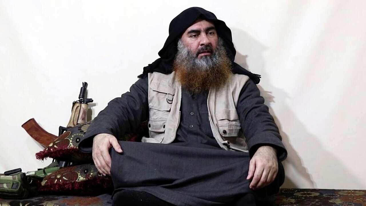 A file image made from video posted on a militant website on 29 April, 2019, purports to show Abu Bakr al-Baghdadi.