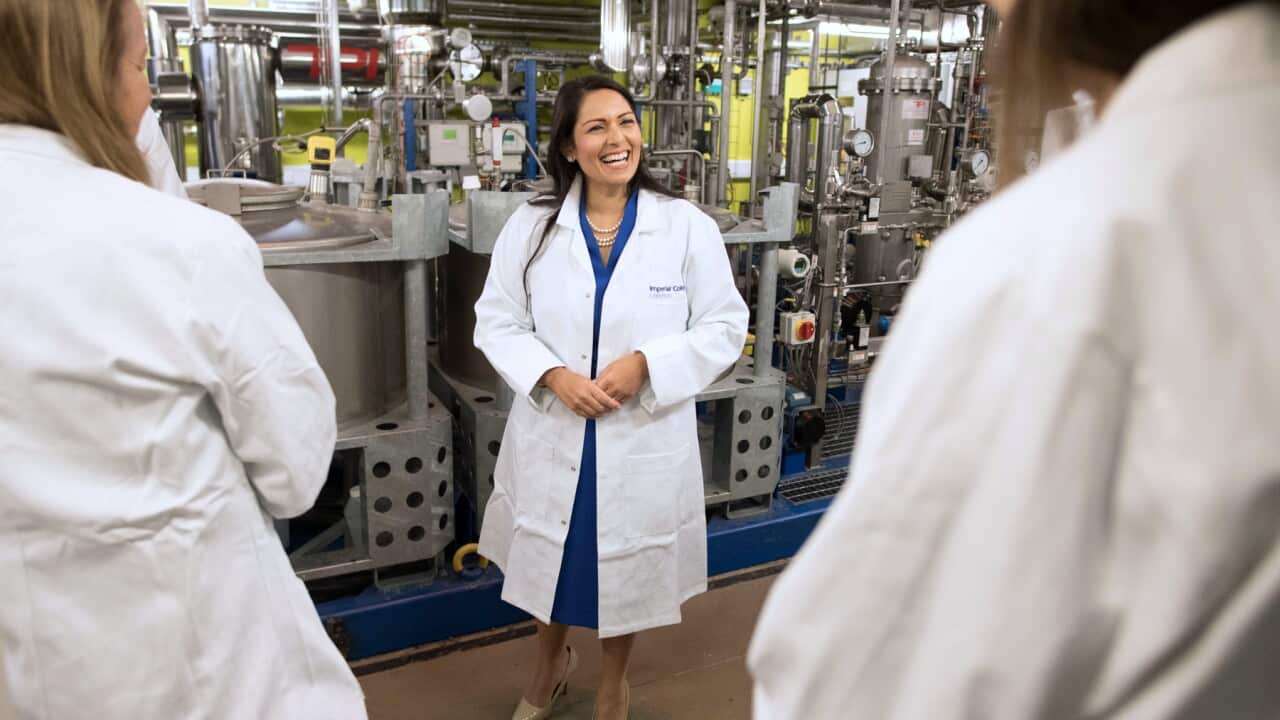 British Home Secretary Priti Patel at Imperial College London where she announced the new Immigration rules