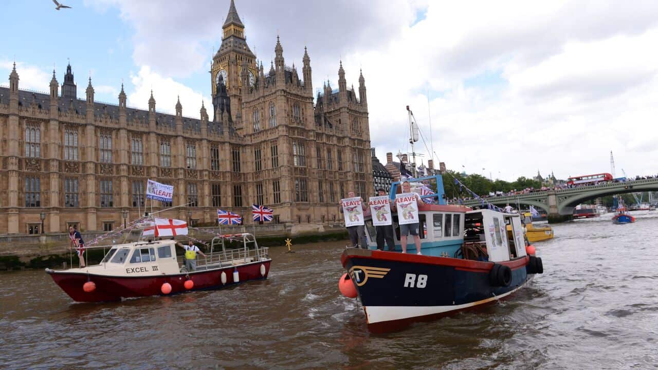 Fishermen from all over the country take part in a Fishing for Leave pro-Brexit flotilla on the River Thames, London.