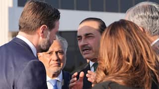 Vice President JD Vance, left, talks to Pakistan's Chief of Defence Forces and Chief of Army Staff Field Marshall Asim Munir, right, and Pakistani Deputy Prime Minister and Foreign Minister Mohammad Ishaq Dar, center, before boarding Air Force Two after attending talks on Iran in Islamabad, Pakistan,