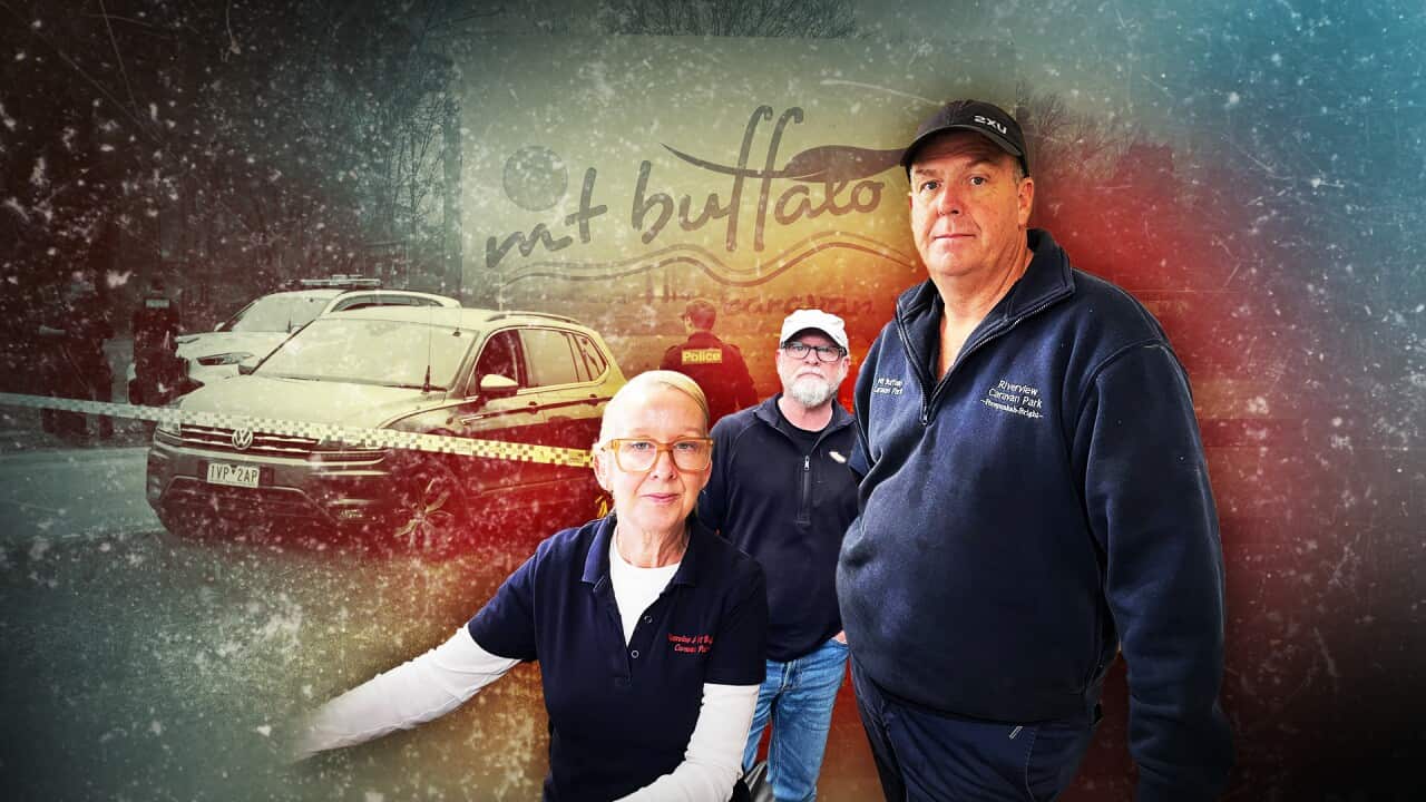 A graphic of three people near a police tape and a locality sign