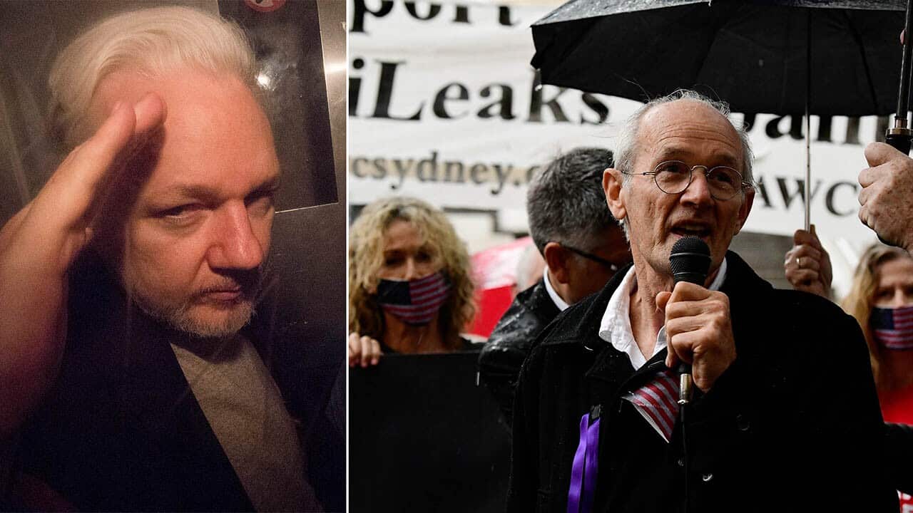 Julian Assange's dad John Shipton speaks during a rally in Martin Place.