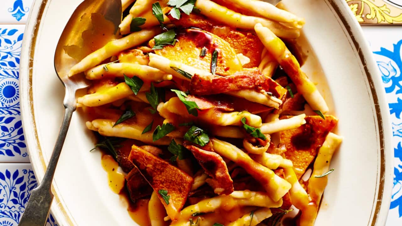Strozzapreti with pumpkin and bacon
