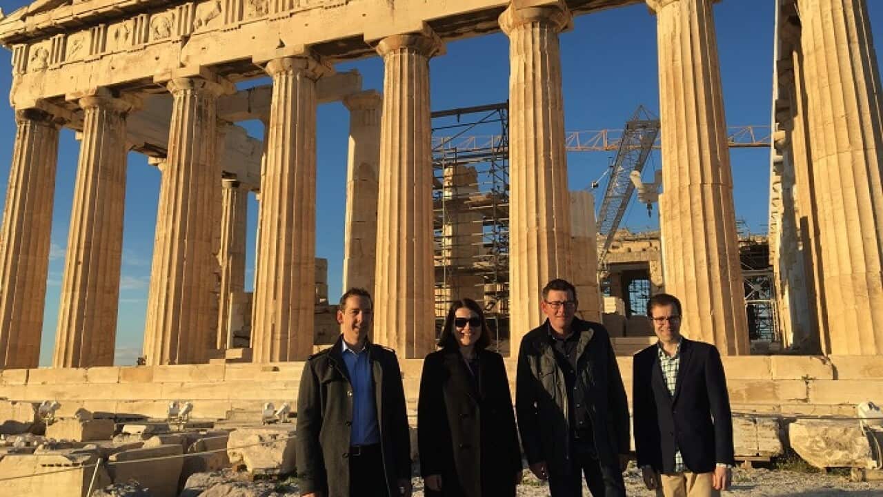 L-R: Victorian Labor MP Steve Dimopoulos, Minister Jenny Mikakos, Premier Daniel Andrews and Victorian Labor MP Nick Staikos in Athens' Acropolis Parthenon.