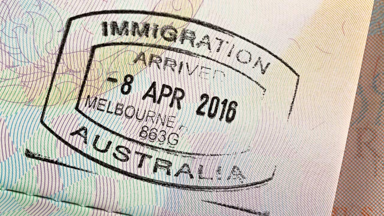 Closeup of Arrival entry stamp on passport for immigration traveling at Melbourne airport, Australia