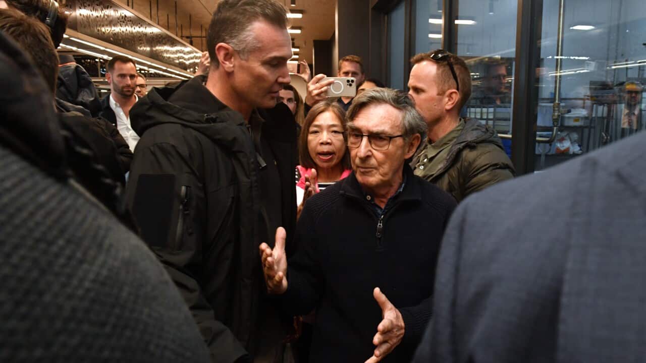 Former Australian High Commissioner to Solomon Islands Trevor Sofield is stopped from speaking to Prime Minister Scott Morrison in the seat of Lyons, northern Tasmania.